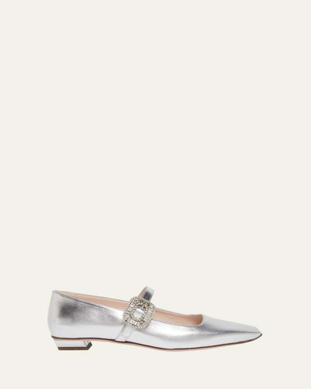 Belle Vivier Metallic Leather Crystal Buckle Mary Jane Ballerina Flats
